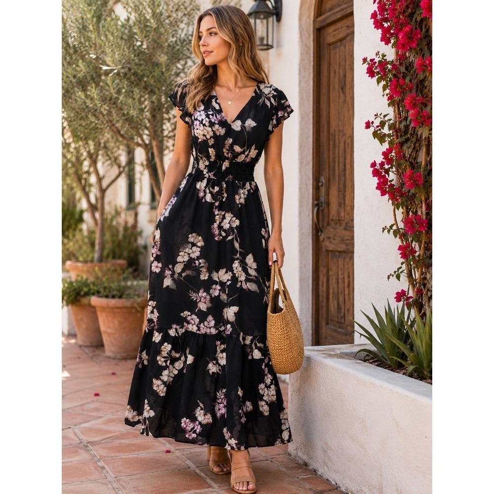 Joie Black Floral Maxi Dress‎ Flutter Sleeve Smocked Waist Women's S